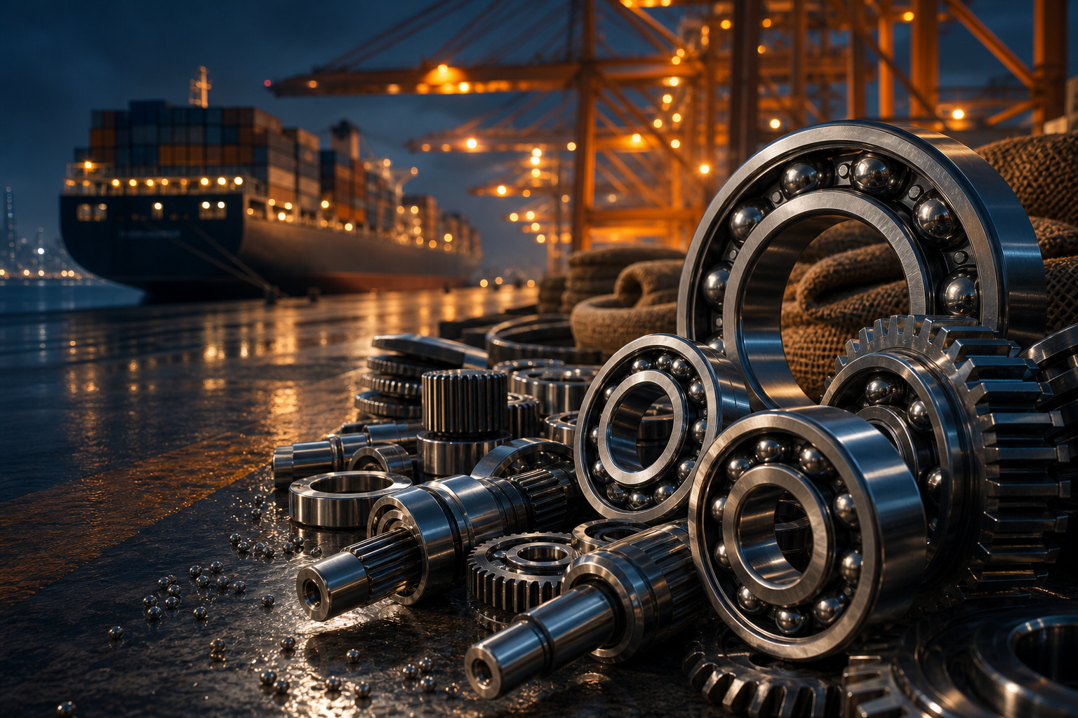 Precision automotive components on a night dock