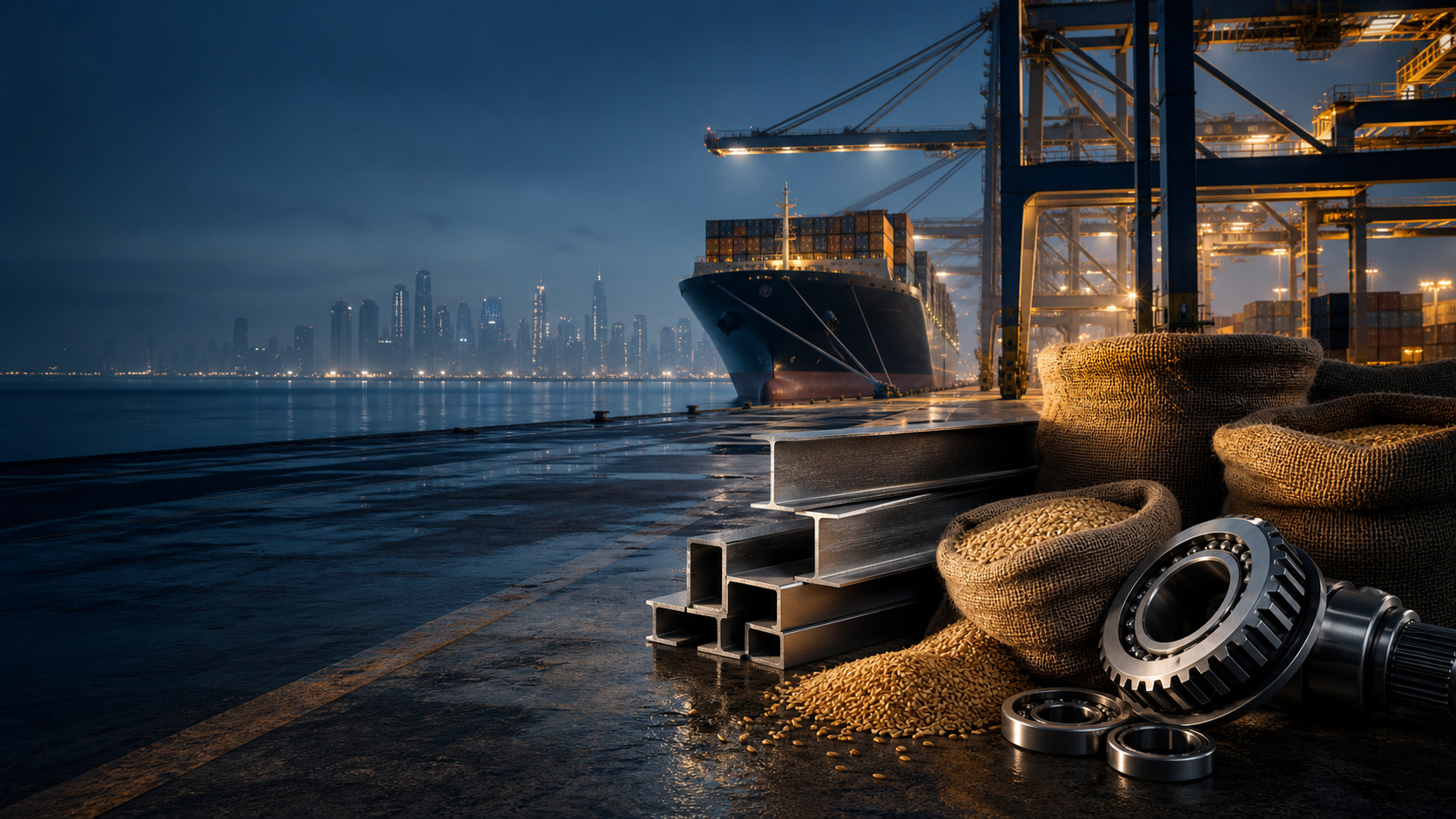 Night port with grain sacks, structural steel and precision automotive components